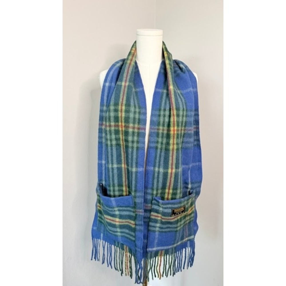 Patrick King Woolen Company Blue Green Tartan Plaid Pocket Scarf Fringe Canada